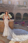 Vestido de Noiva Elegante com Decote em V, Alças Finas e Sem Mangas, Modelo Sereia com Renda