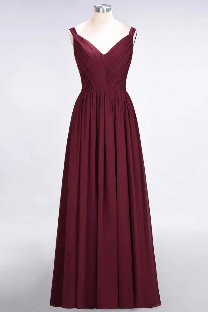 Elegantes trägerloses Brautjungfernkleid aus Chiffon mit V-Ausschnitt, Rüschen und bodenlangem Rock
