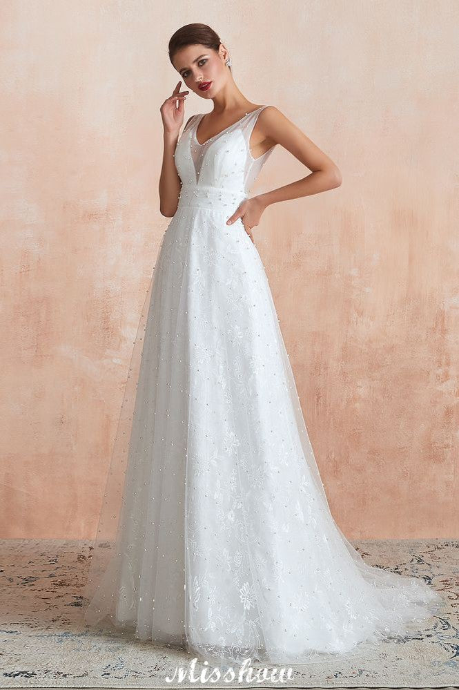 Elegantes V-Ausschnitt Tüll Perlen Brautkleid Strand Brautkleid