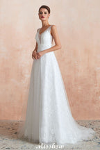 Elegantes V-Ausschnitt Tüll Perlen Brautkleid Strand Brautkleid