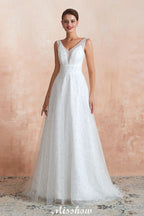 Elegantes V-Ausschnitt Tüll Perlen Brautkleid Strand Brautkleid