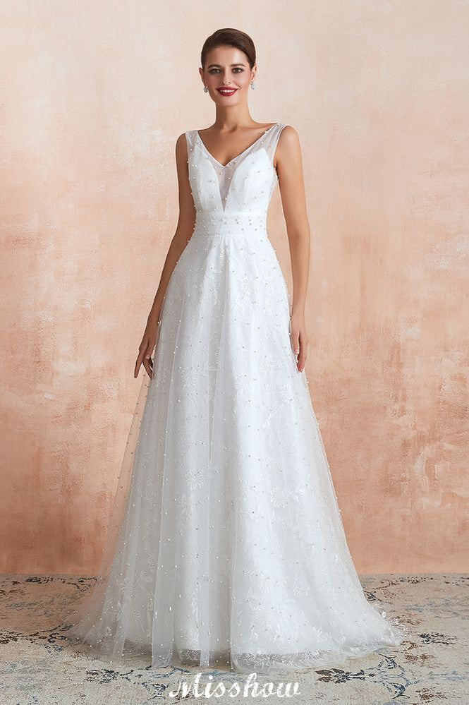 Elegantes V-Ausschnitt Tüll Perlen Brautkleid Strand Brautkleid