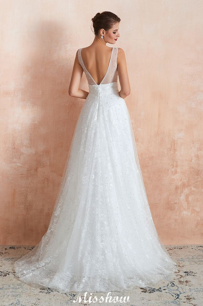 Elegantes V-Ausschnitt Tüll Perlen Brautkleid Strand Brautkleid
