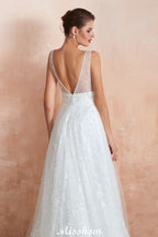 Elegantes V-Ausschnitt Tüll Perlen Brautkleid Strand Brautkleid