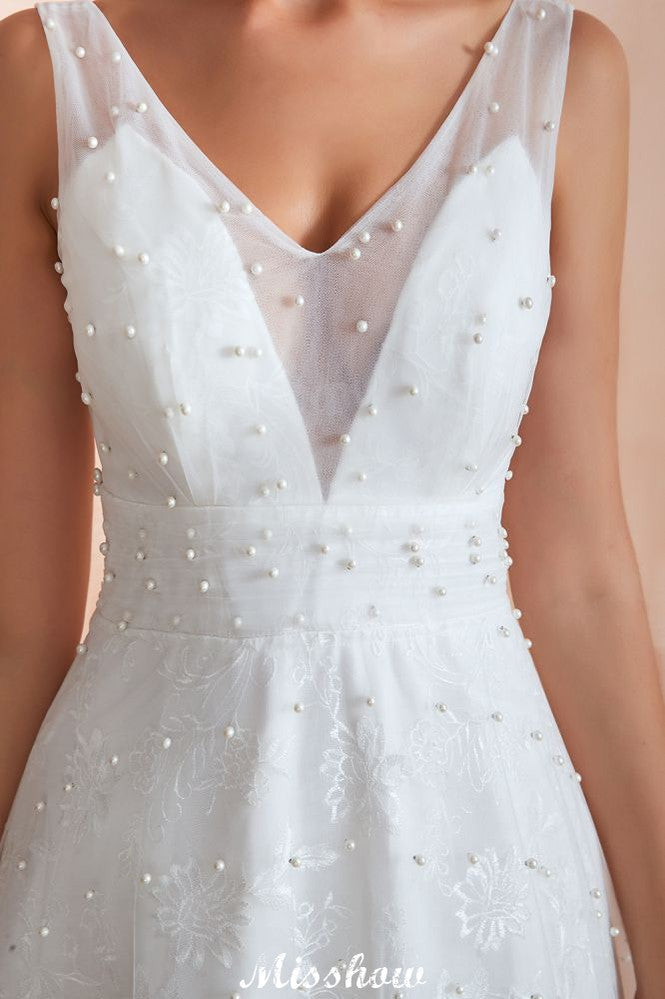 Elegantes V-Ausschnitt Tüll Perlen Brautkleid Strand Brautkleid