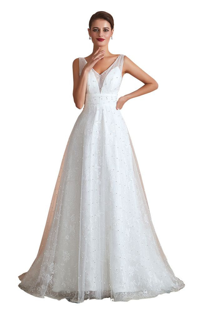 Elegantes V-Ausschnitt Tüll Perlen Brautkleid Strand Brautkleid