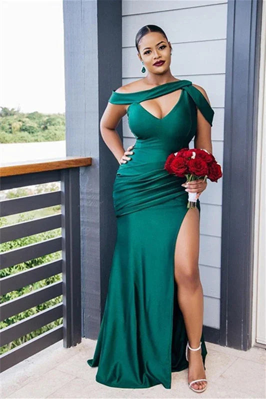 Elegant Vintage Off-the-Shoulder Elastic Woven Satin Ruched Sleeveless Bridesmaid Dresses