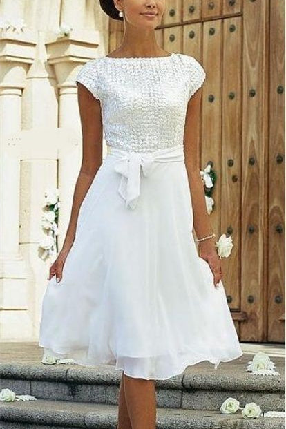 Vestido de Noiva Elegante Branco em Chiffon com Corte em A e Manga Curta