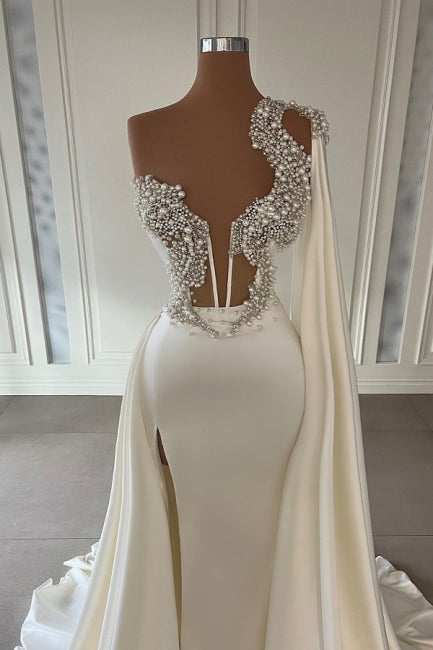 Vestidos de noite elegantes brancos em linha A, com um ombro só, longos, cintilantes, com racha