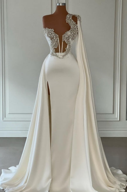 Vestidos de noite elegantes brancos em linha A, com um ombro só, longos, cintilantes, com racha