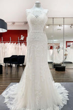 Abito da sposa elegante bianco lungo a sirena in tulle con pizzo e schiena scoperta