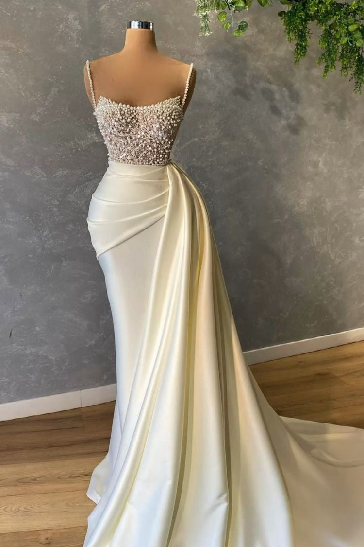 Abiti da sposa eleganti bianchi senza maniche con paillettes a sirena e perle
