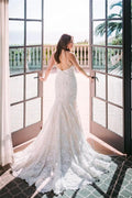 Robes de mariée sirène blanches élégantes à col en V et dos nu avec dentelle