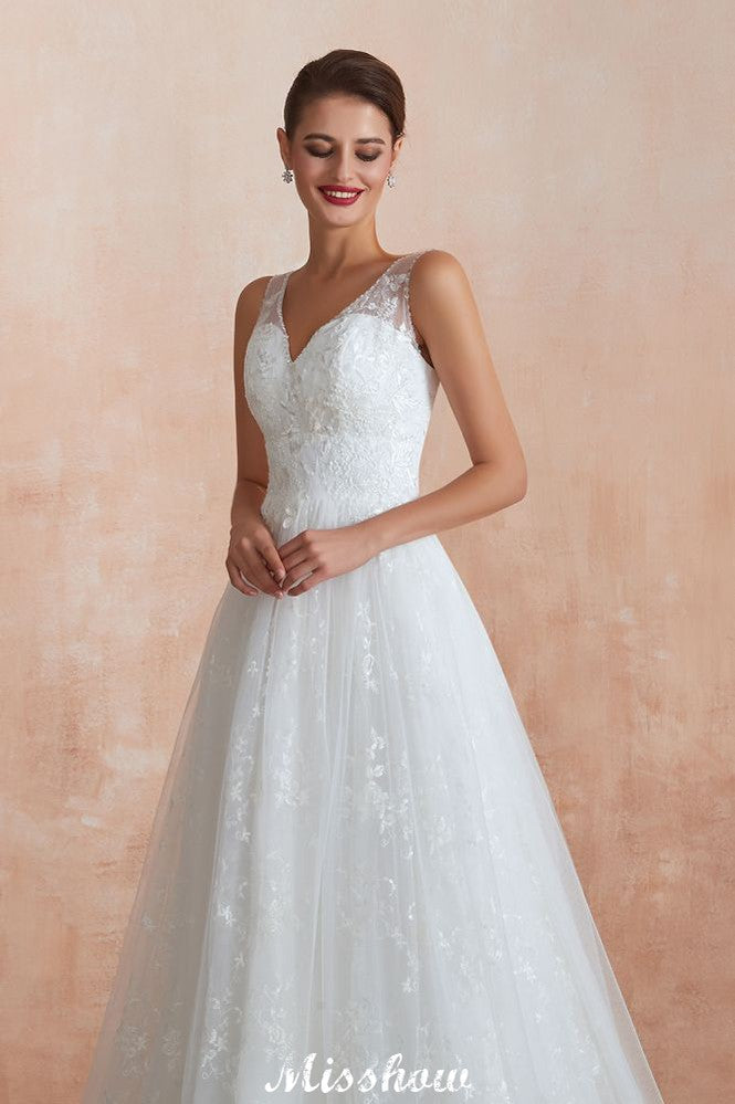 Robe de mariée princesse élégante blanche à col en V, ligne A, en tulle et dentelle