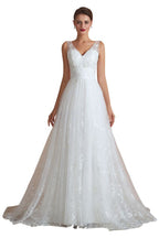 Robe de mariée princesse élégante blanche à col en V, ligne A, en tulle et dentelle