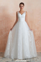 Robe de mariée princesse élégante blanche à col en V, ligne A, en tulle et dentelle