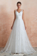 Robe de mariée princesse élégante blanche à col en V, ligne A, en tulle et dentelle