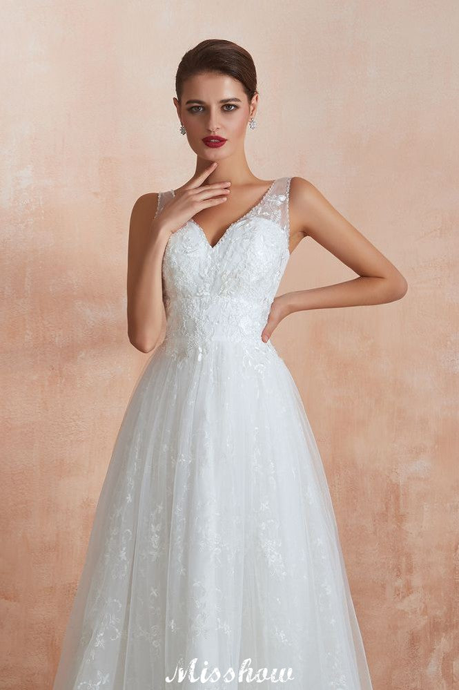Robe de mariée princesse élégante blanche à col en V, ligne A, en tulle et dentelle