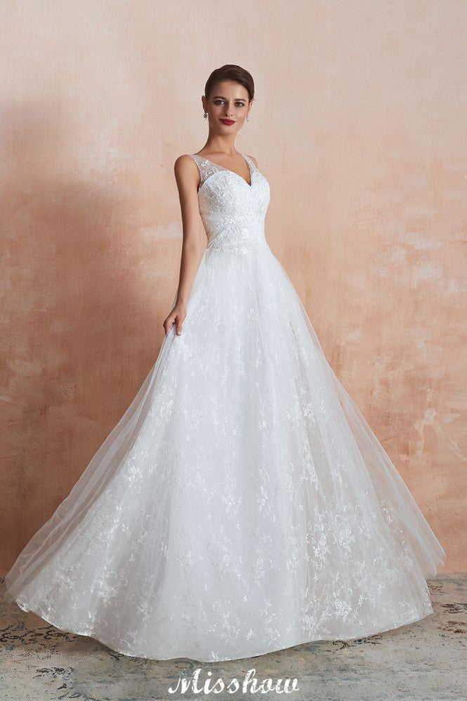 Robe de mariée princesse élégante blanche à col en V, ligne A, en tulle et dentelle