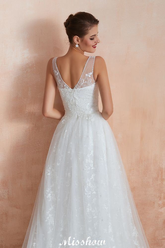 Robe de mariée princesse élégante blanche à col en V, ligne A, en tulle et dentelle