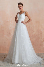 Robe de mariée princesse élégante blanche à col en V, ligne A, en tulle et dentelle