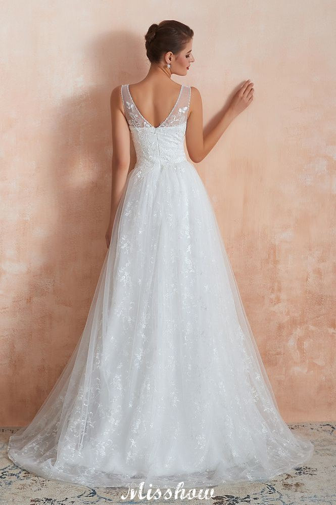 Robe de mariée princesse élégante blanche à col en V, ligne A, en tulle et dentelle