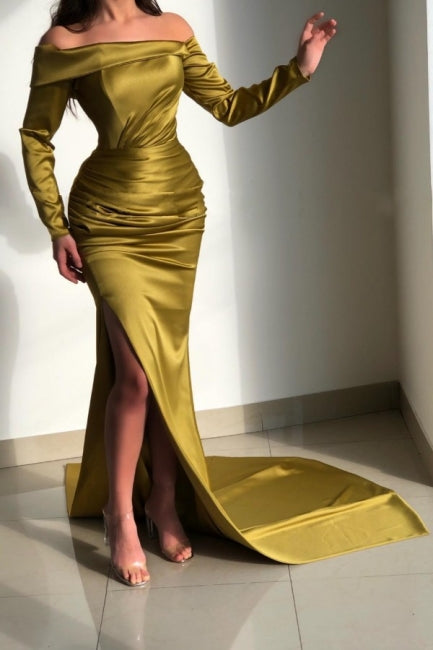 Vestidos de Baile Elegantes Amarelos com Manga Comprida e Decote Ombro a Ombro em Estilo Sereia