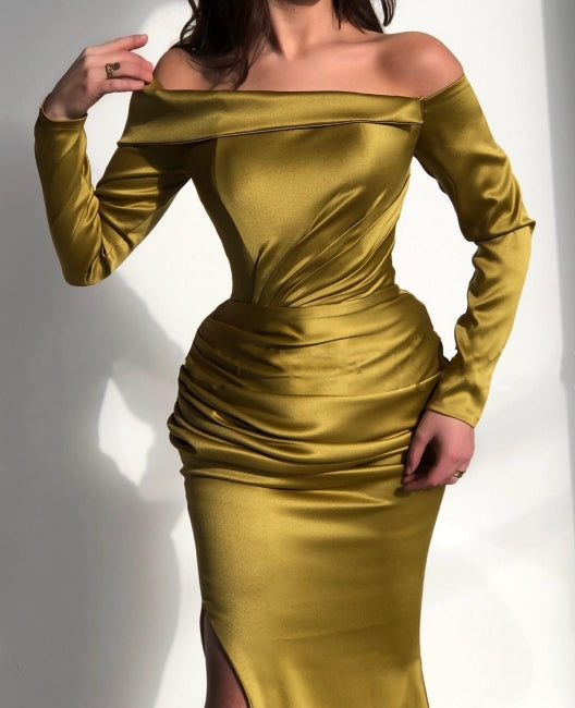 Vestidos de Baile Elegantes Amarelos com Manga Comprida e Decote Ombro a Ombro em Estilo Sereia
