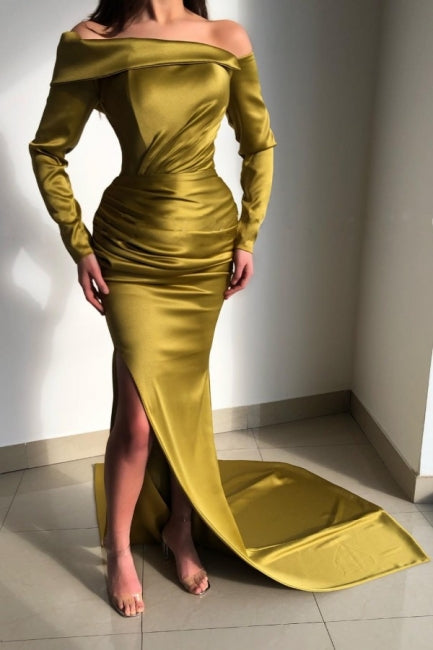 Vestidos de Baile Elegantes Amarelos com Manga Comprida e Decote Ombro a Ombro em Estilo Sereia