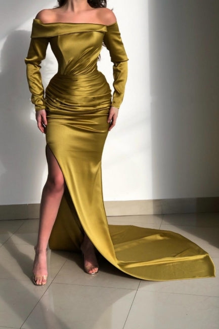 Vestidos de Baile Elegantes Amarelos com Manga Comprida e Decote Ombro a Ombro em Estilo Sereia