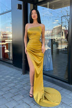 Vestido de Baile Elegante Amarelo Simples, Sem Mangas, Estilo Sereia, com Fenda