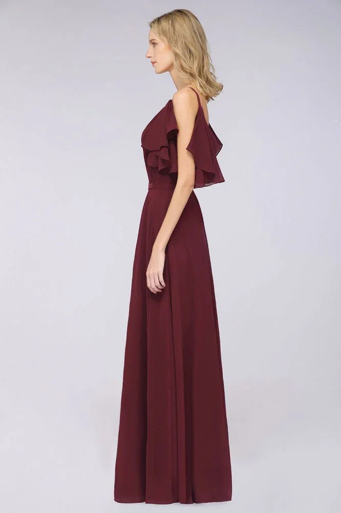 Elegantes Rüschen-Chiffon-Bodenlanges Brautjungfernkleid A-Linie Perlen Ärmellos Hochzeitsfestkleid