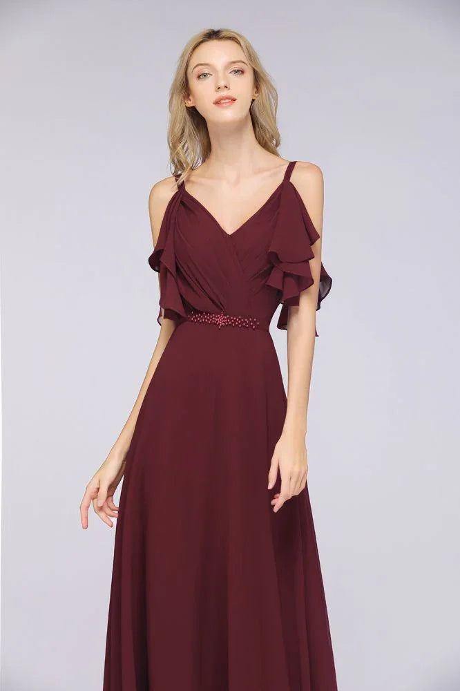 Elegantes Rüschen-Chiffon-Bodenlanges Brautjungfernkleid A-Linie Perlen Ärmellos Hochzeitsfestkleid