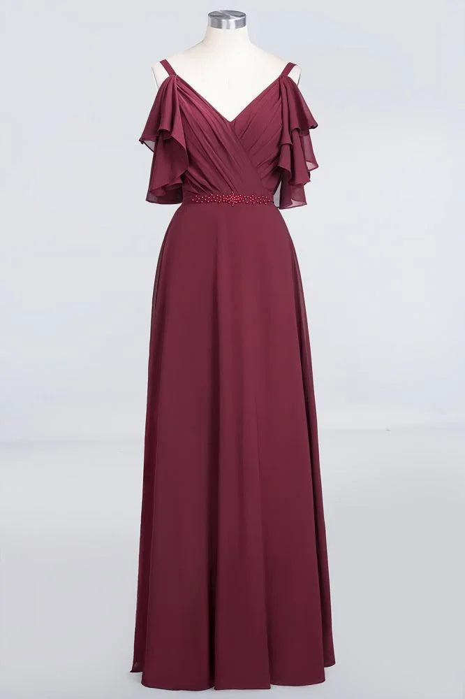 Elegantes Rüschen-Chiffon-Bodenlanges Brautjungfernkleid A-Linie Perlen Ärmellos Hochzeitsfestkleid