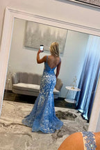 Elise | Hermoso vestido de fiesta azul con encaje y escote redondo estilo sirena