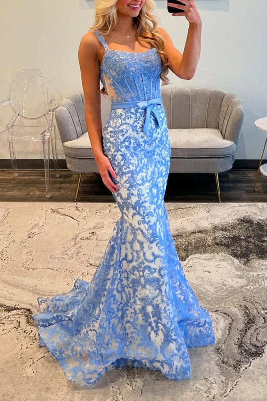 Elise | Hermoso vestido de fiesta azul con encaje y escote redondo estilo sirena