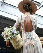 Vestido de baile cintilante com corte em A, costas abertas e mangas compridas, estilo bordado elegante