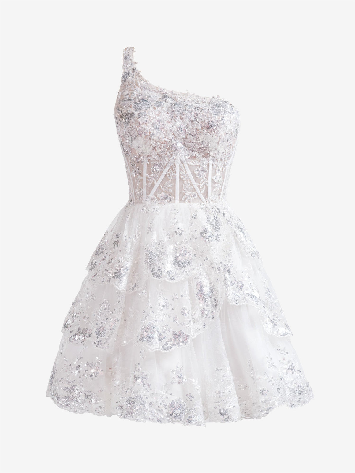 Emma | Vestido Curto de Renda Azul-Marinho com Folhos e Alça Única em A-line para Festa