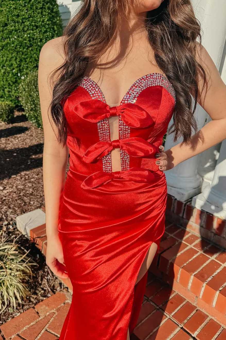 Entra | Red Strapless V-Neck Bow Mermaid Pleated Long Prom Dress with Slit