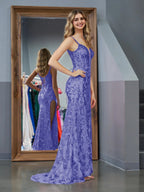 Purple Sheath Sequins Long Prom Dress with Slit