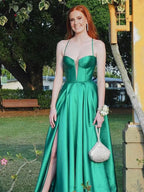 Etherea | Vestidos largos de fiesta verde satinado con escote corazón y corte en línea A