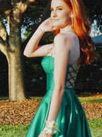 Etherea | Vestidos largos de fiesta verde satinado con escote corazón y corte en línea A