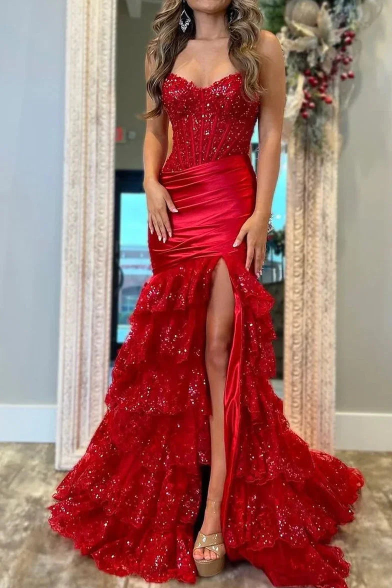 Evaluna | Red Strapless V-Neck Mermaid Pleated Layered Long Prom Dress With Slit