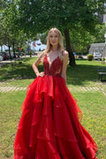 Excellente robe de bal rouge longue en organza, ligne A, dos nu, col en V