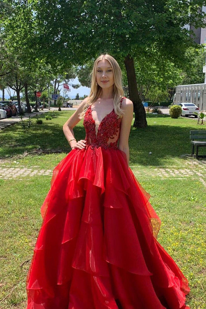 Excellente robe de bal rouge longue en organza, ligne A, dos nu, col en V