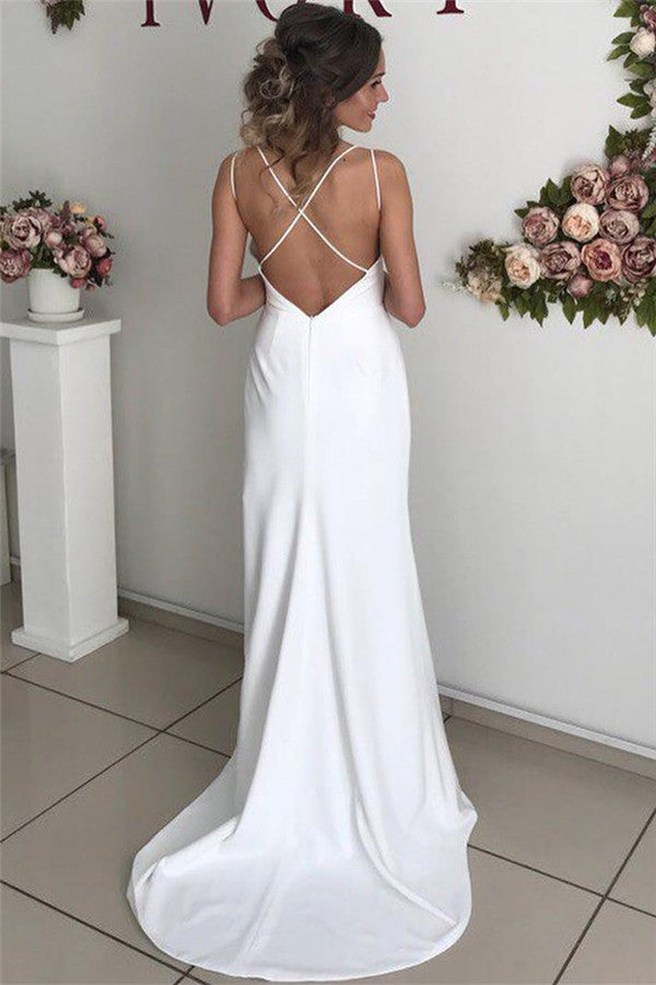 Vestido de Noiva Branco de Cetim, Comprido, Estilo Sereia, Sem Costas, com Fenda Excelente