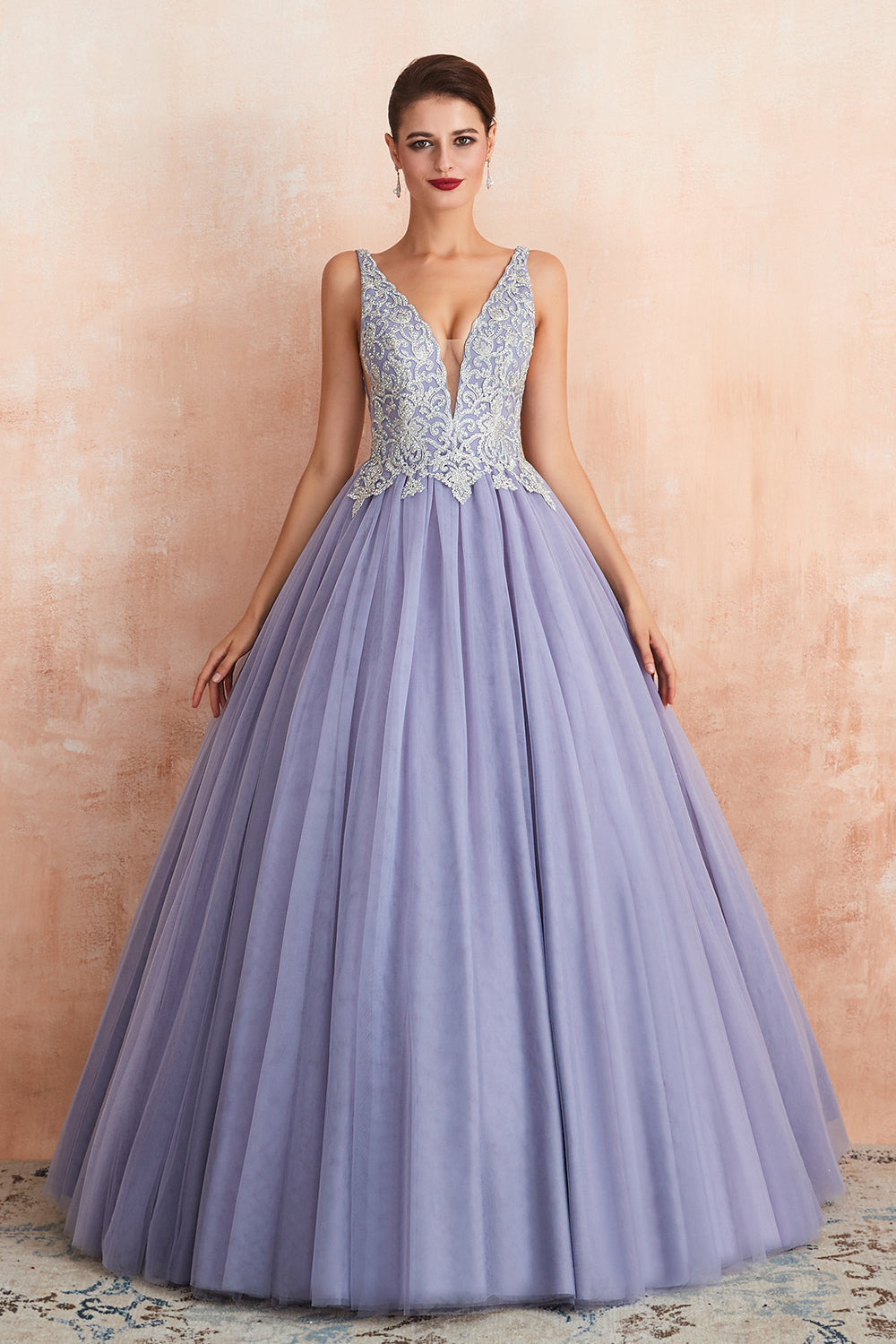 Excellente robe de bal longue princesse à col en V, sans manches, en tulle, dos nu