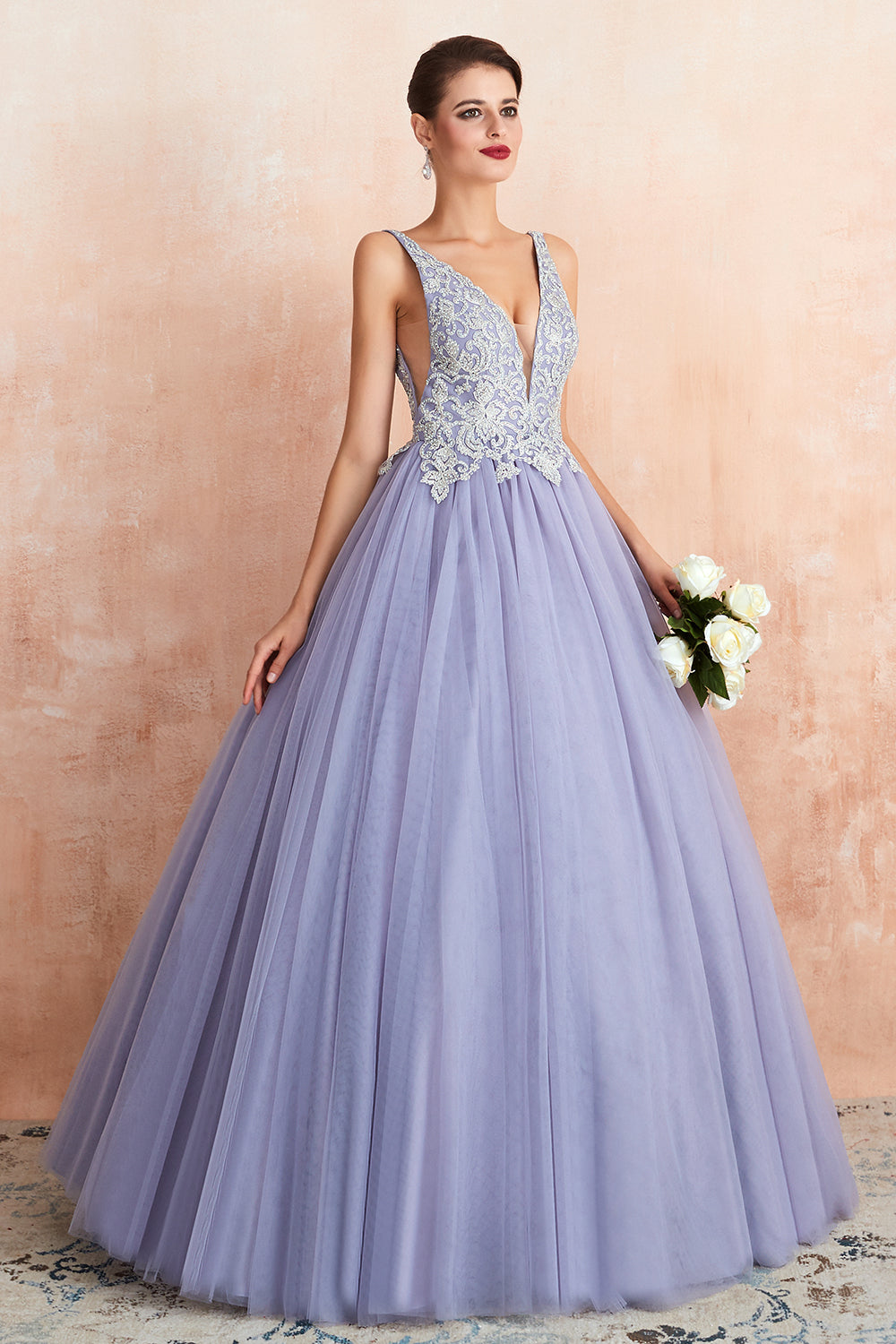 Excellente robe de bal longue princesse à col en V, sans manches, en tulle, dos nu