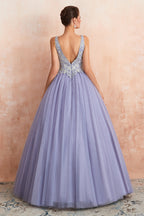 Excellente robe de bal longue princesse à col en V, sans manches, en tulle, dos nu