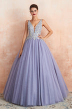Excellente robe de bal longue princesse à col en V, sans manches, en tulle, dos nu